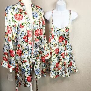 Victoria's Secret Robe Lingerie Set Women's S Floral Satin Lace Vintage 90s Y2K